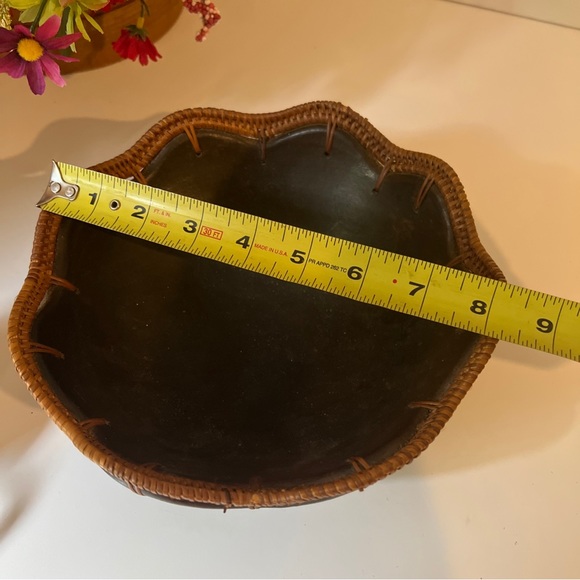 Vintage Wood Clay and Rattan bowl. woven wicker trim Hand Crafted In Indonesia - Picture 6 of 10